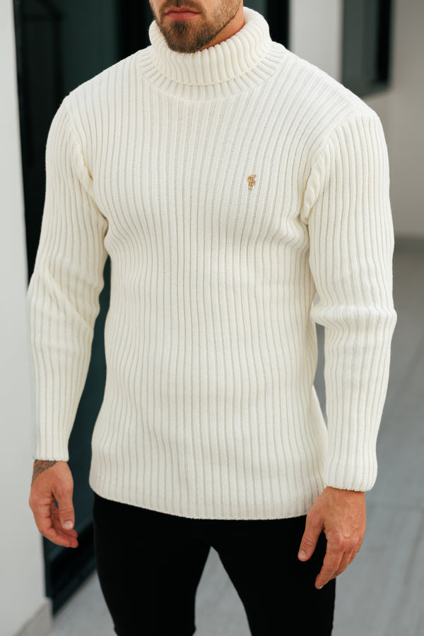 Cremefarbener Rollkragenpullover aus Rippstrick für Vater und Sohn – FSJ114 (VORBESTELLUNG 12. NOVEMBER)