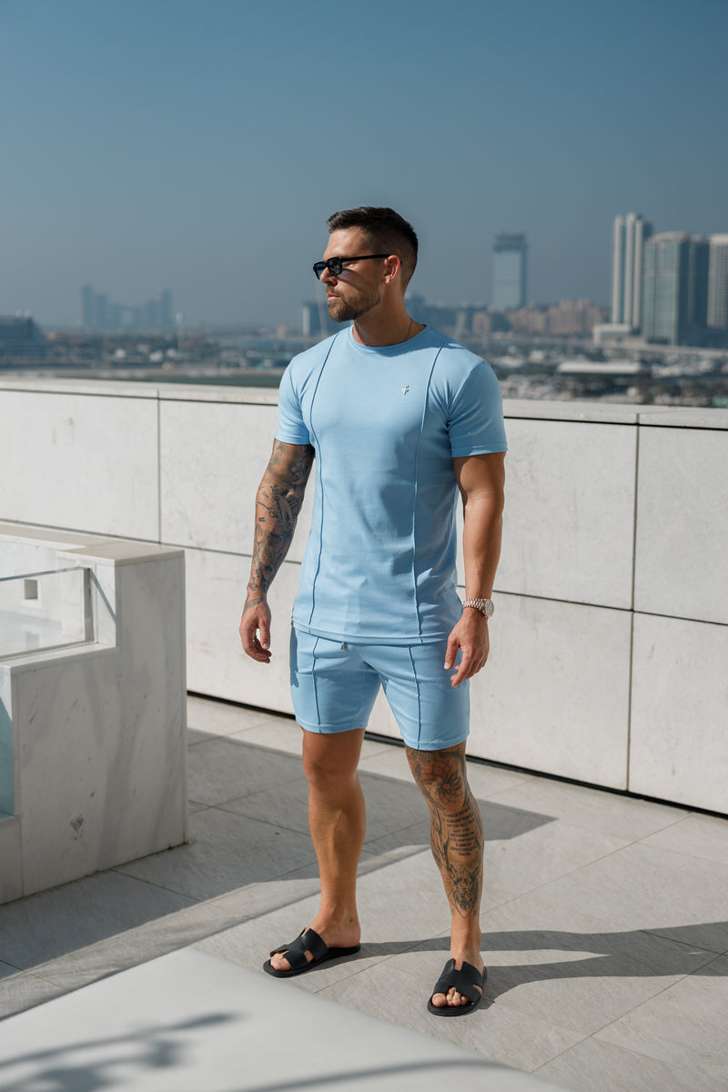 Hellblaues/silbernes Rundhals-T-Shirt mit Biesendetail für Vater und Sohn – FSH1051