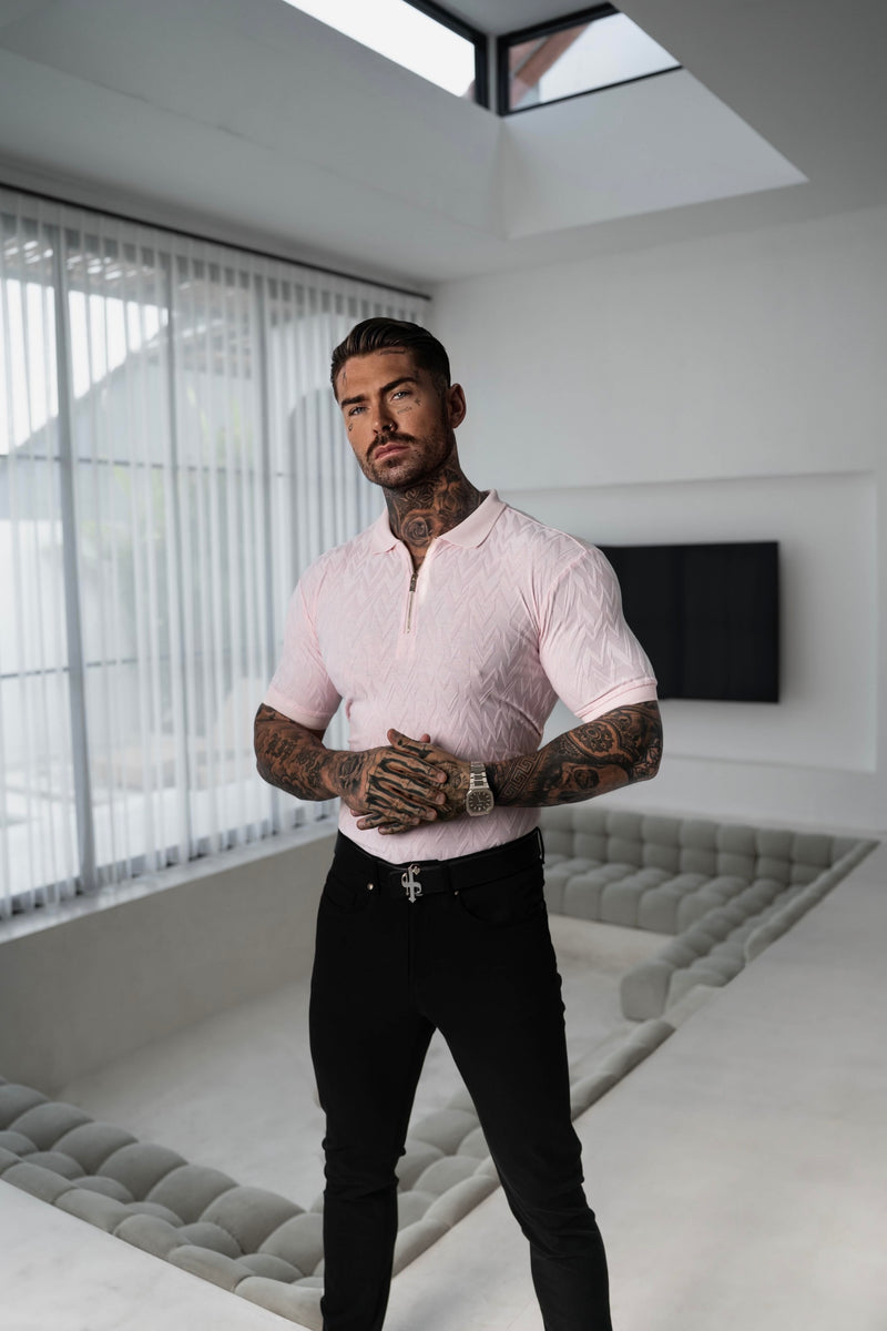 Klassisches Jacquard-Poloshirt mit Reißverschluss und Chevron-Muster, Rosa, für Vater und Sohn – FSR022