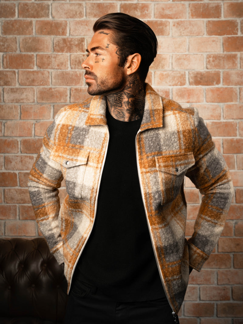 Father Sons Boucle-Jacke mit Reißverschluss und Karomuster, Hellbraun – FSN157