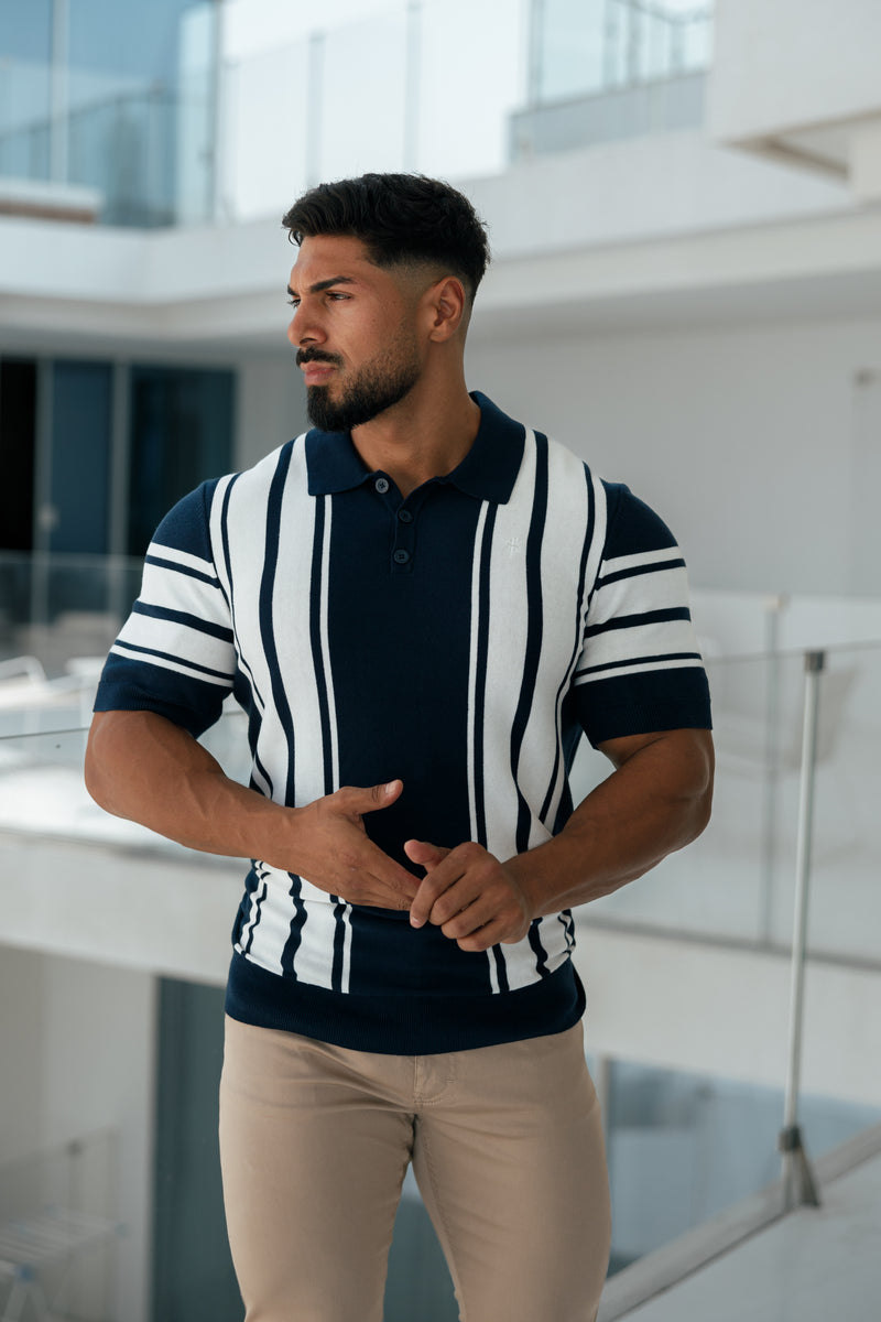 Father Sons Classic Navy / Off White Knitted Vertical Stripe Polo Short Sleeve - FSN105