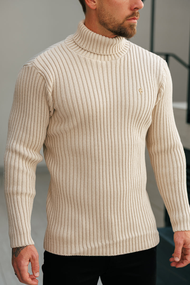Beigefarbener Rollkragenpullover aus Rippstrick für Vater und Sohn – FSJ112 (VORBESTELLUNG 12. NOVEMBER)