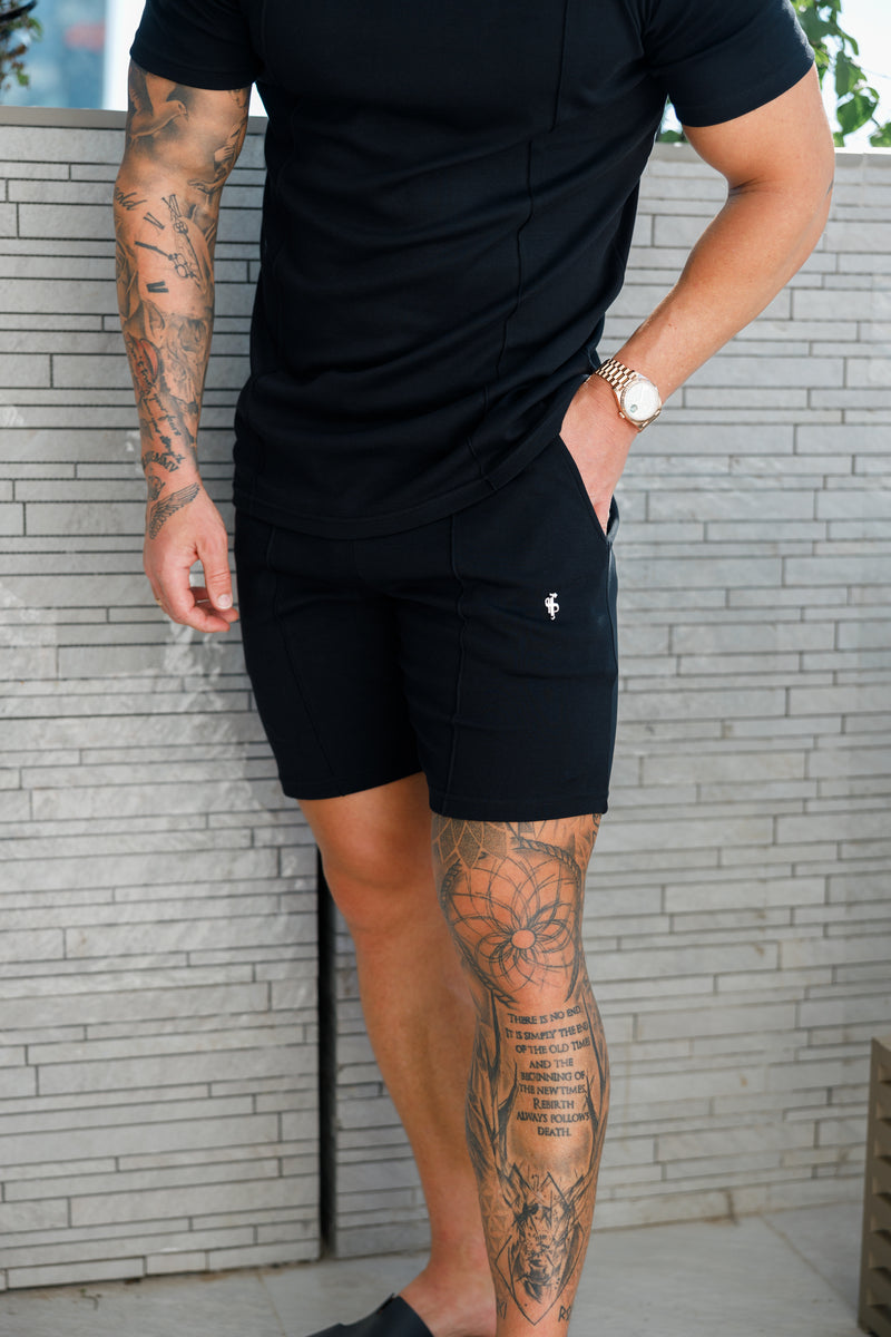 Vater Söhne Schwarz/Silber Elastische Shorts mit Kordelzug und Biesen - FSH1052