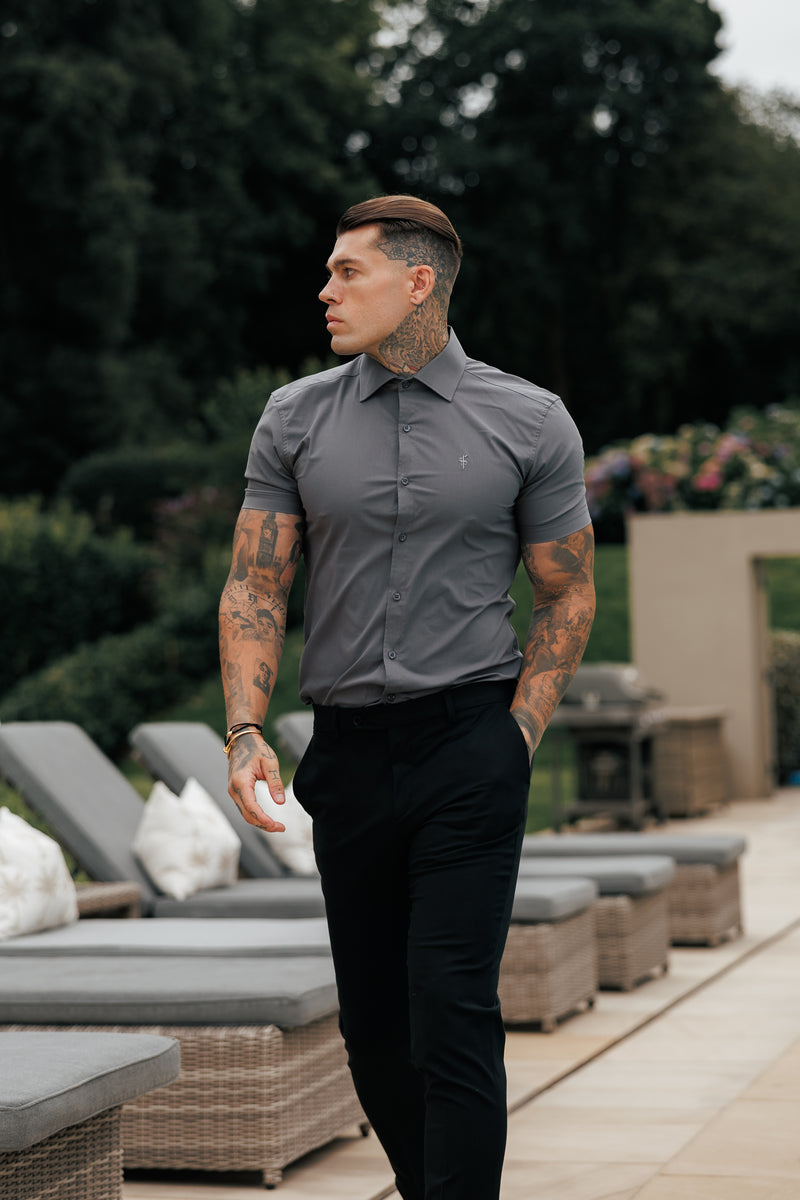 Vater-Söhne-Muscle-Fit-Shirt mit fortschrittlichem Stretch, Anthrazit, kurzärmlig, mit Haifischkragen – FS1206