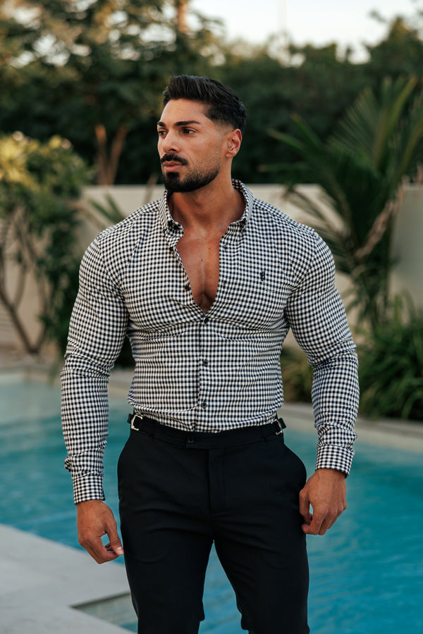 FS Super Slim Stretch Weiß / Schwarz Karo Langarm mit Knopfleiste - FS1069