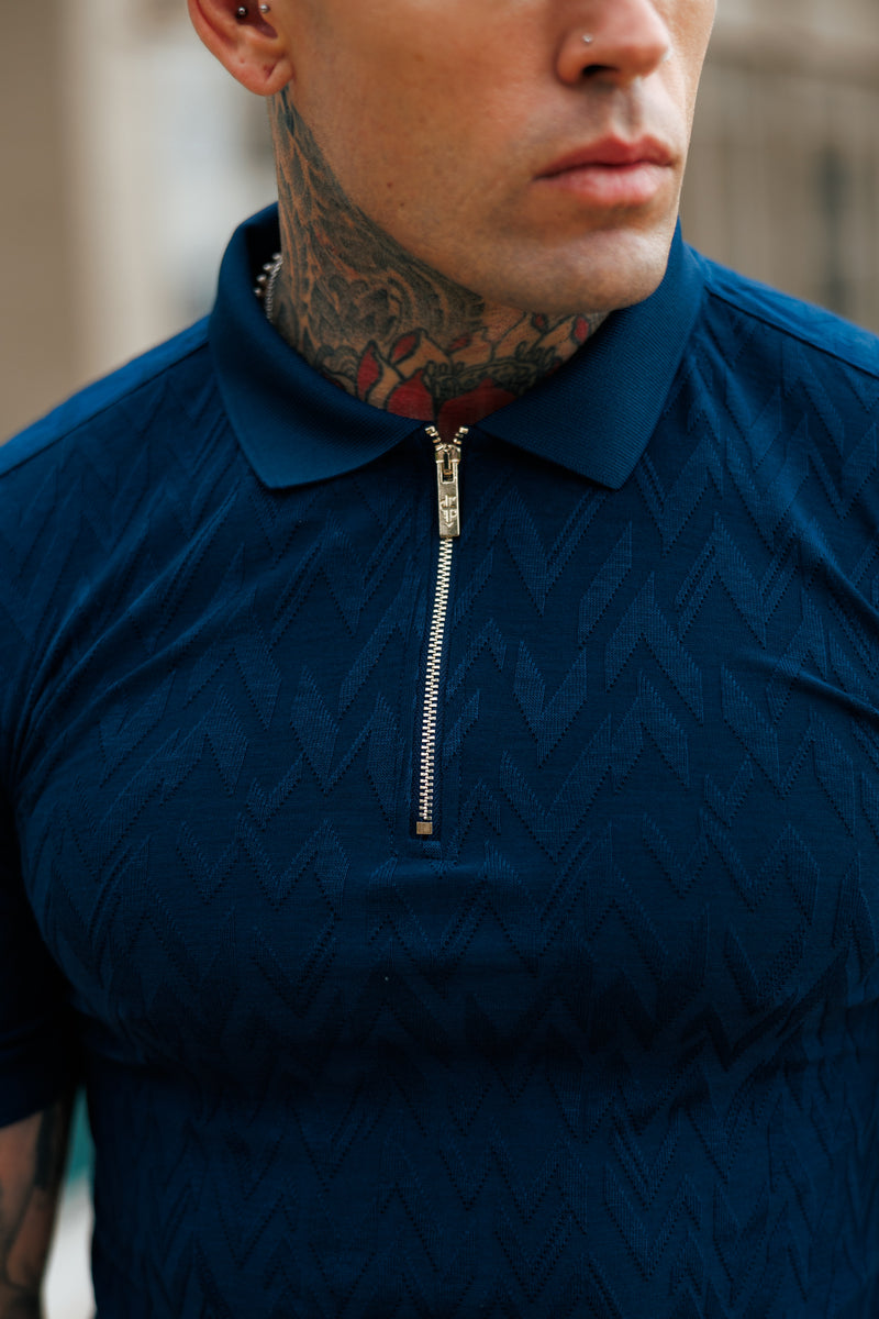 Father Sons Classic Jacquard Navy Chevron Zipped Polo - FSR021