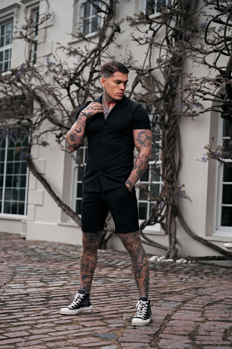 Father Sons Stretch Black Pique Revere Shirt Short Sleeve - FSH1067 (PRE ORDER 30TH MAY)