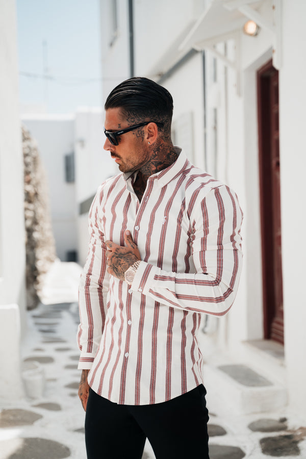 Father Sons Super Slim Stretch Off White / Burgundy Woven Stripe Long Sleeve Sleeve with Button Down Collar - FS973