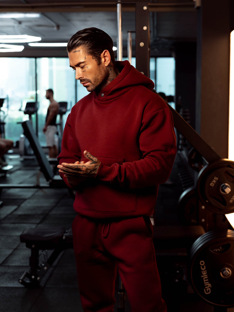 FS Burgunderroter Oversized-Kapuzenpullover mit funktionalem FS-Nieten - FSR008