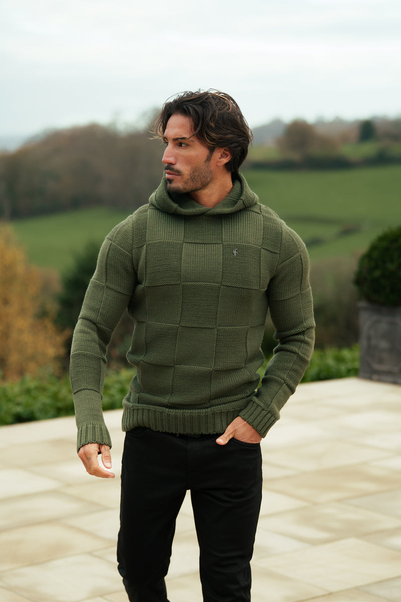 Father Sons Olive Checkerboard Knitted Hoodie - FSJ137 (PRE ORDER 11TH DECEMBER)
