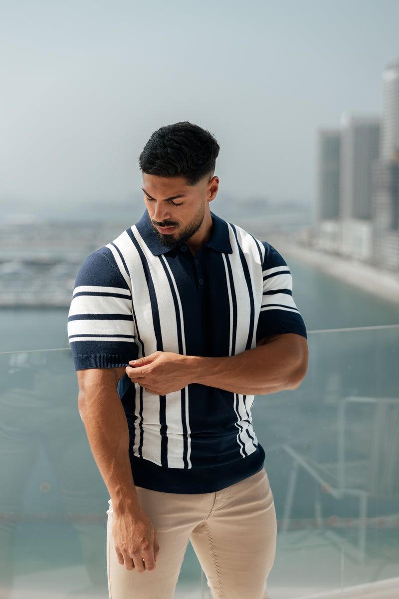 Father Sons Classic Navy/Off White Gestricktes Poloshirt mit vertikalen Streifen, kurzärmlig – FSN105