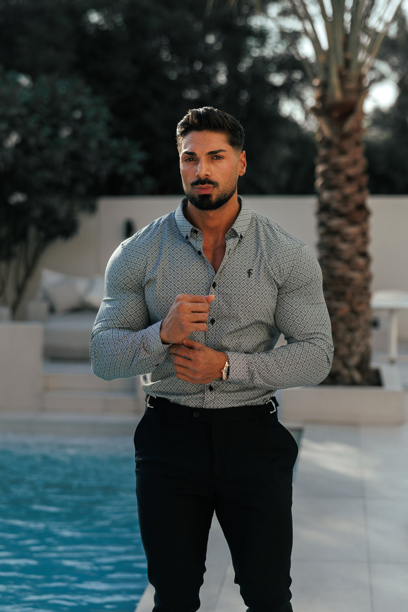 Vater-Söhne-Shirt, superschlank, dehnbar, schwarz/weiß, langärmlig, mit Rautenmuster und Button-Down-Kragen – FS1226