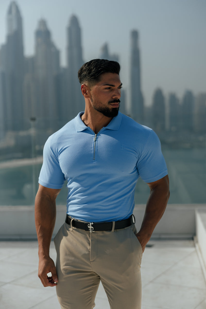 Father Sons Classic Light Blue and Silver Zipped Polo Shirt - FSH856