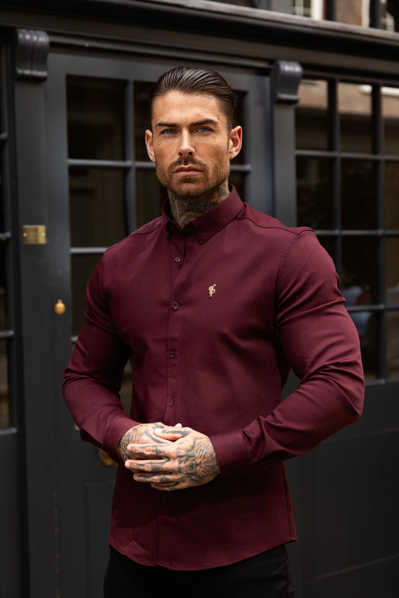 Father Sons Super Slim Stretch Burgundy Denim Long Sleeve with Gold Metal Decal and Button Down Collar - FS1046