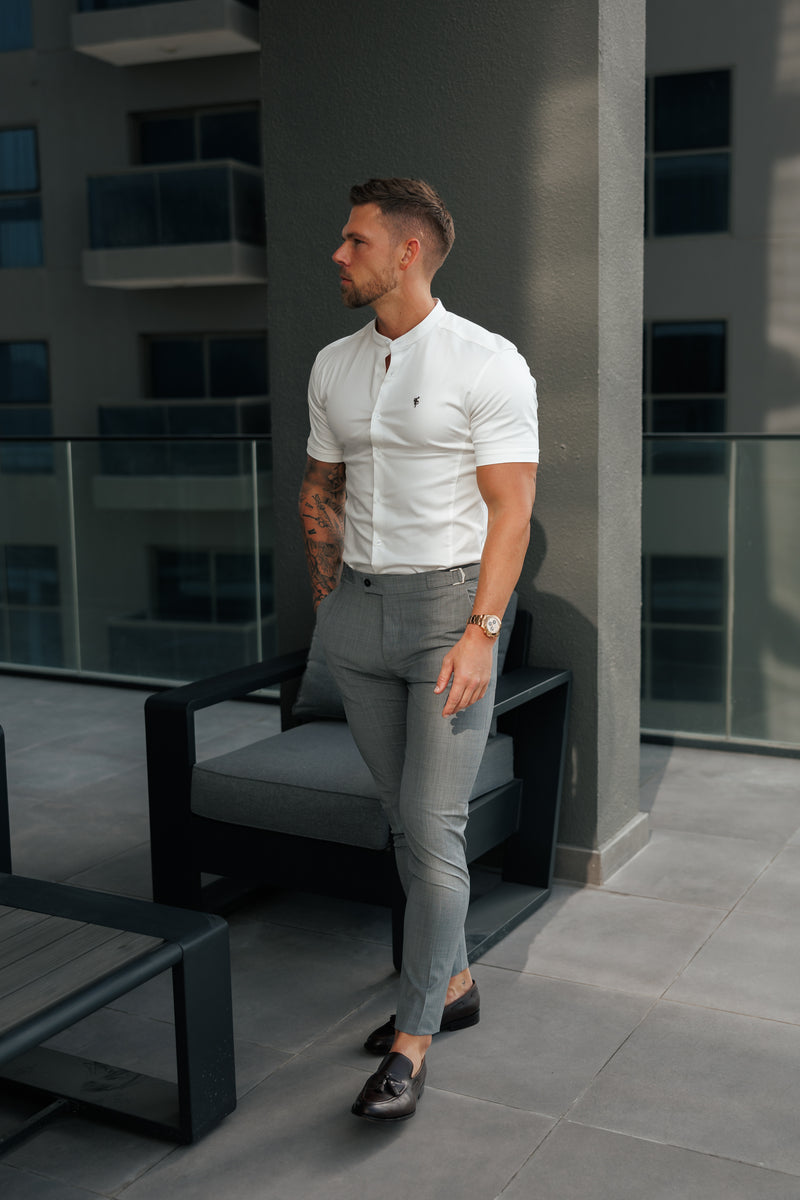 Vater Söhne Super Slim Stretch Off White Seite Panel Shirt Grandad Kragen SS - FS1140
