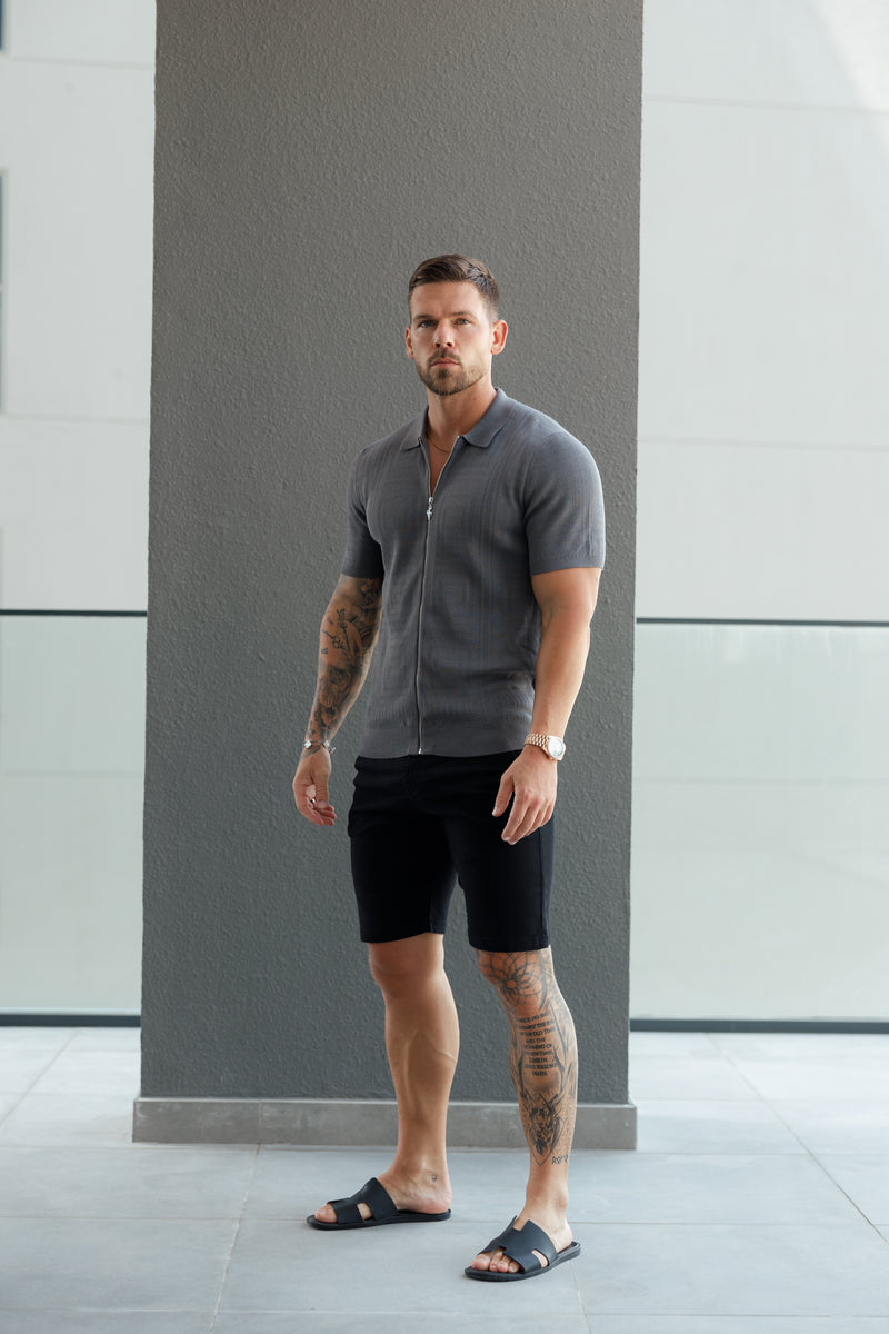 Father Sons - Klassisches Strick-Oberteil mit Geo-Design und durchgehendem Reißverschluss, Gunmetal, Kurzarm - FSN150