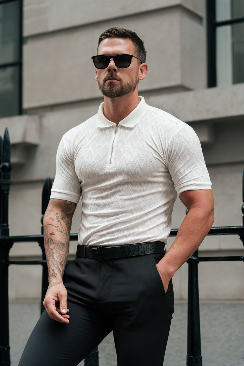 Klassisches Jacquard-Poloshirt mit weißem Chevron-Reißverschluss von Vater und Sohn – FSR020 (VORBESTELLUNG 11. AUGUST)