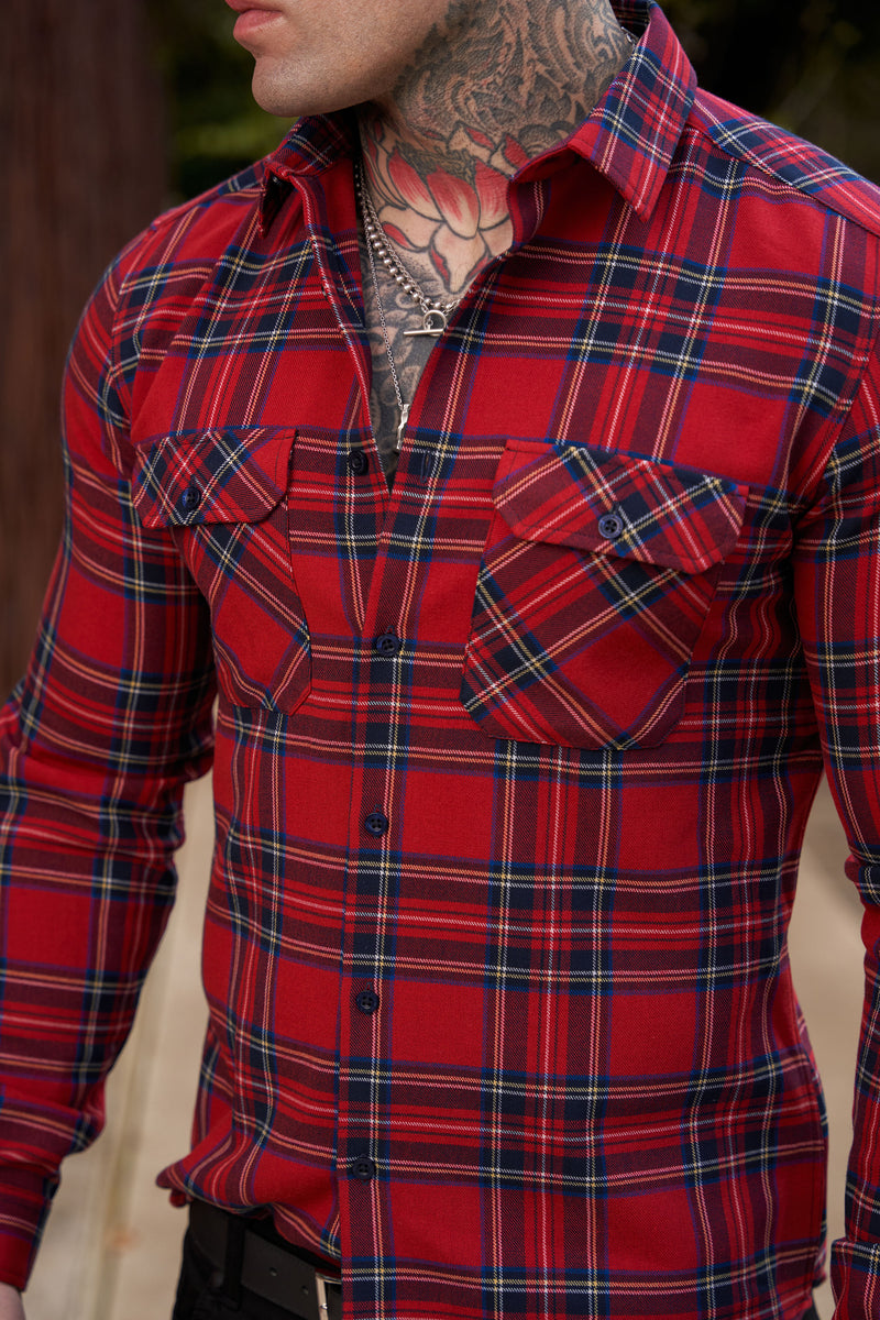 Vater Söhne Rot Tartan Check Shacket mit Doppeltaschen - FS1036