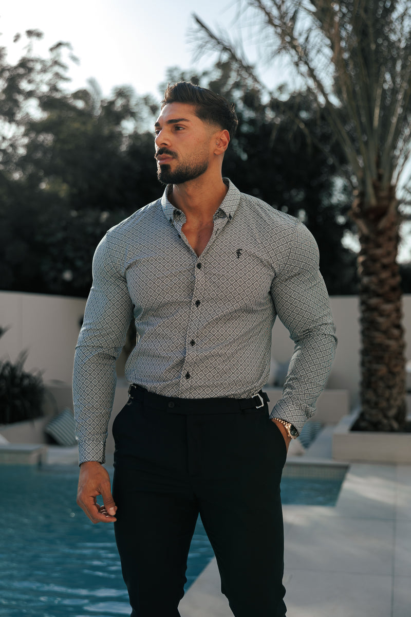 Vater-Söhne-Shirt, superschlank, dehnbar, schwarz/weiß, langärmlig, mit Rautenmuster und Button-Down-Kragen – FS1226