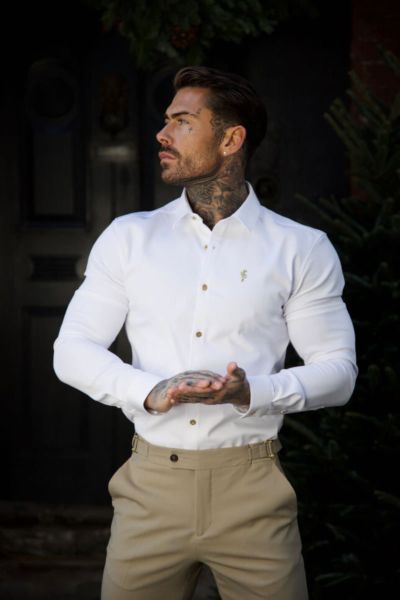 Father Sons Super Slim Stretch White Denim Langarm mit goldenem Metallaufkleber und Knöpfen – FS925