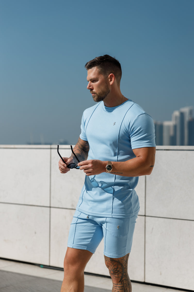 Hellblaues/silbernes Rundhals-T-Shirt mit Biesendetail für Vater und Sohn – FSH1051