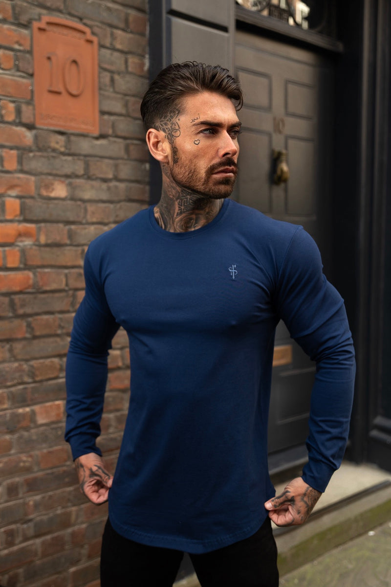 Vater und Sohn – Klassisches, marineblaues T-Shirt mit Rundhalsausschnitt, abgerundetem Saum und langen Ärmeln – FSH997