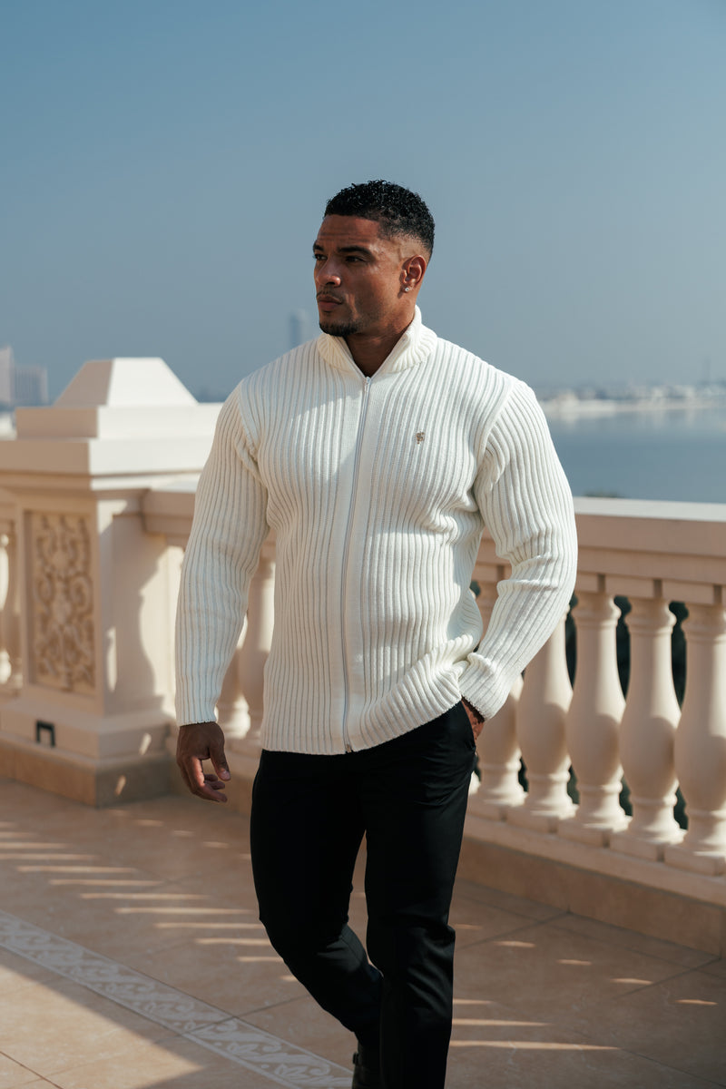 Father Sons Chunky Cream Ribbed Zipped Cardigan with Gold Emblem- FSJ096