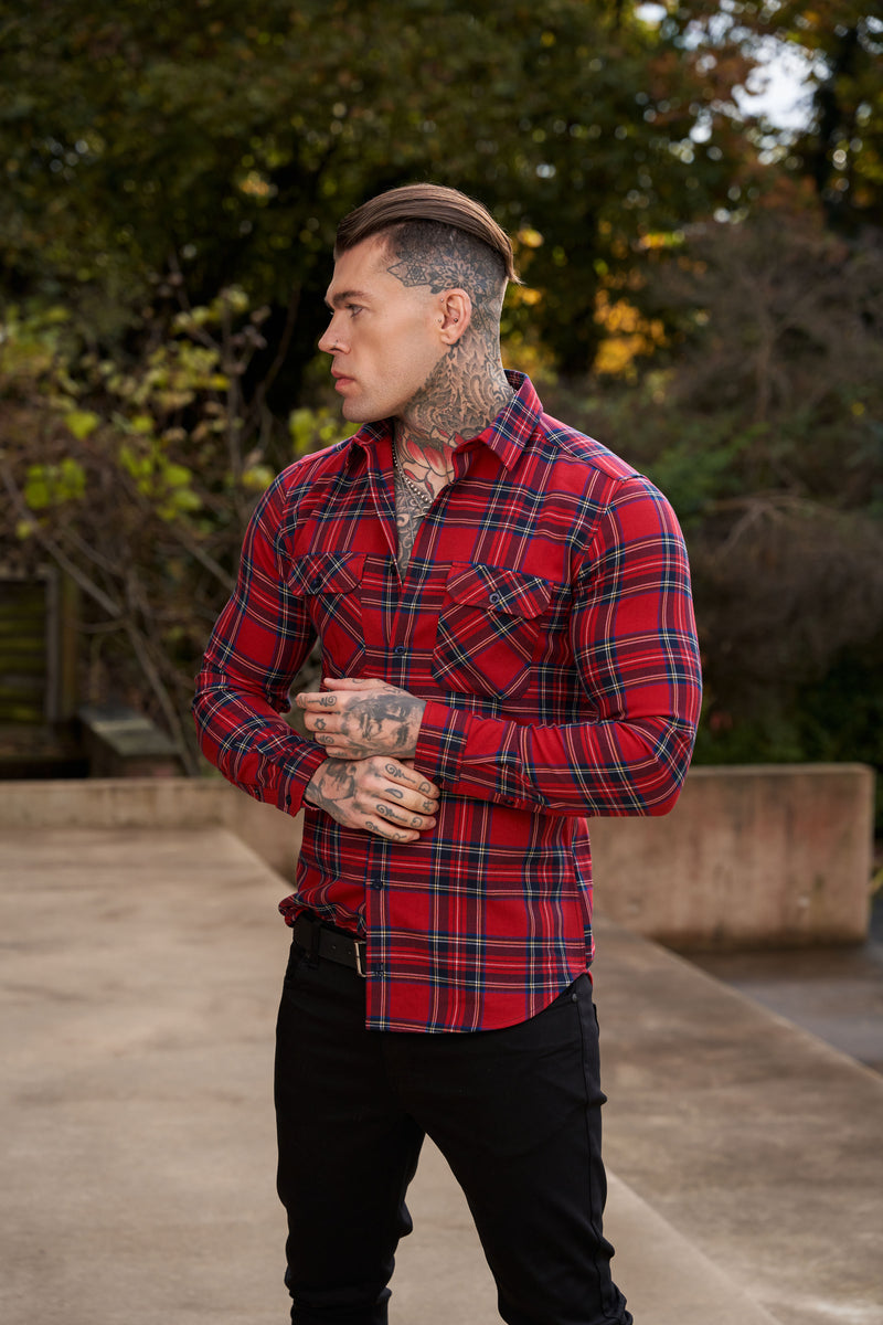 Vater Söhne Rot Tartan Check Shacket mit Doppeltaschen - FS1036