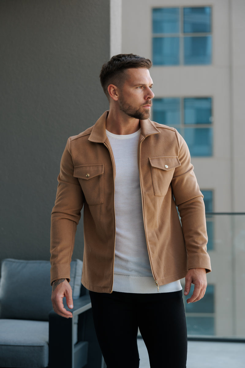 FS gebürstete, schlichte Jacke mit Reißverschluss, Taupe – FSN174 [Goldene Reißverschlüsse/Goldene Knöpfe]