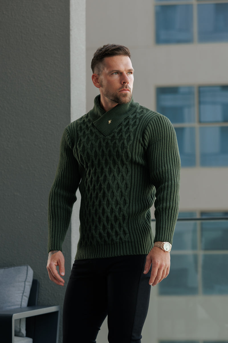 Grober Zopfmusterpullover in Olivgrün für Vater und Sohn – FSJ061