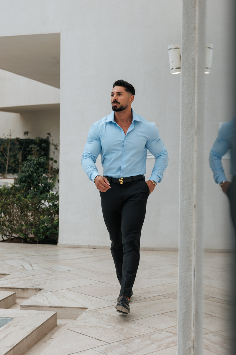 Vater-Söhne-Muscle-Fit Advanced Stretch Puderblau mit Cutaway-Kragen – FS1167
