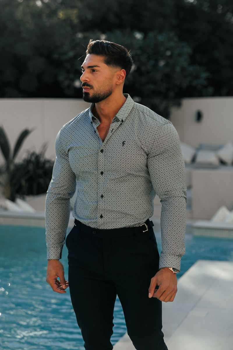 Vater-Söhne-Shirt, superschlank, dehnbar, schwarz/weiß, langärmlig, mit Rautenmuster und Button-Down-Kragen – FS1226