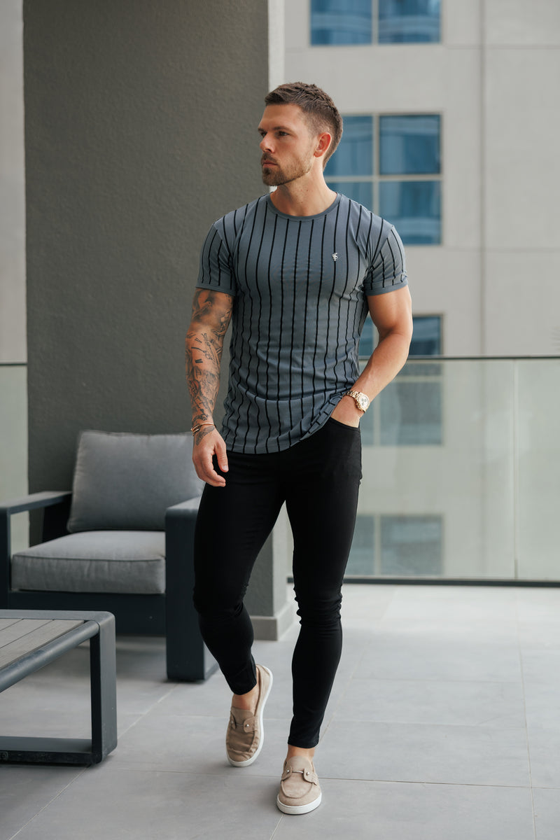 Father Sons Printed Charcoal / Black Stripe Fitted T Shirt - FSH1375