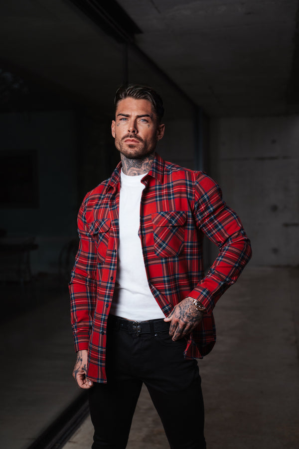 Vater Söhne Rot Tartan Check Shacket mit Doppeltaschen - FS1036