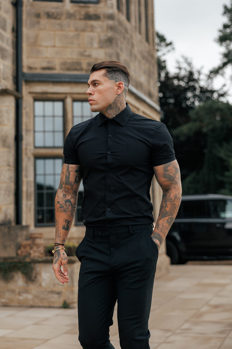 Vater-Sohn-Shirt, superschlank, Stretch, schwarz, kurzärmlig, mit Cutaway-Kragen – FS1159
