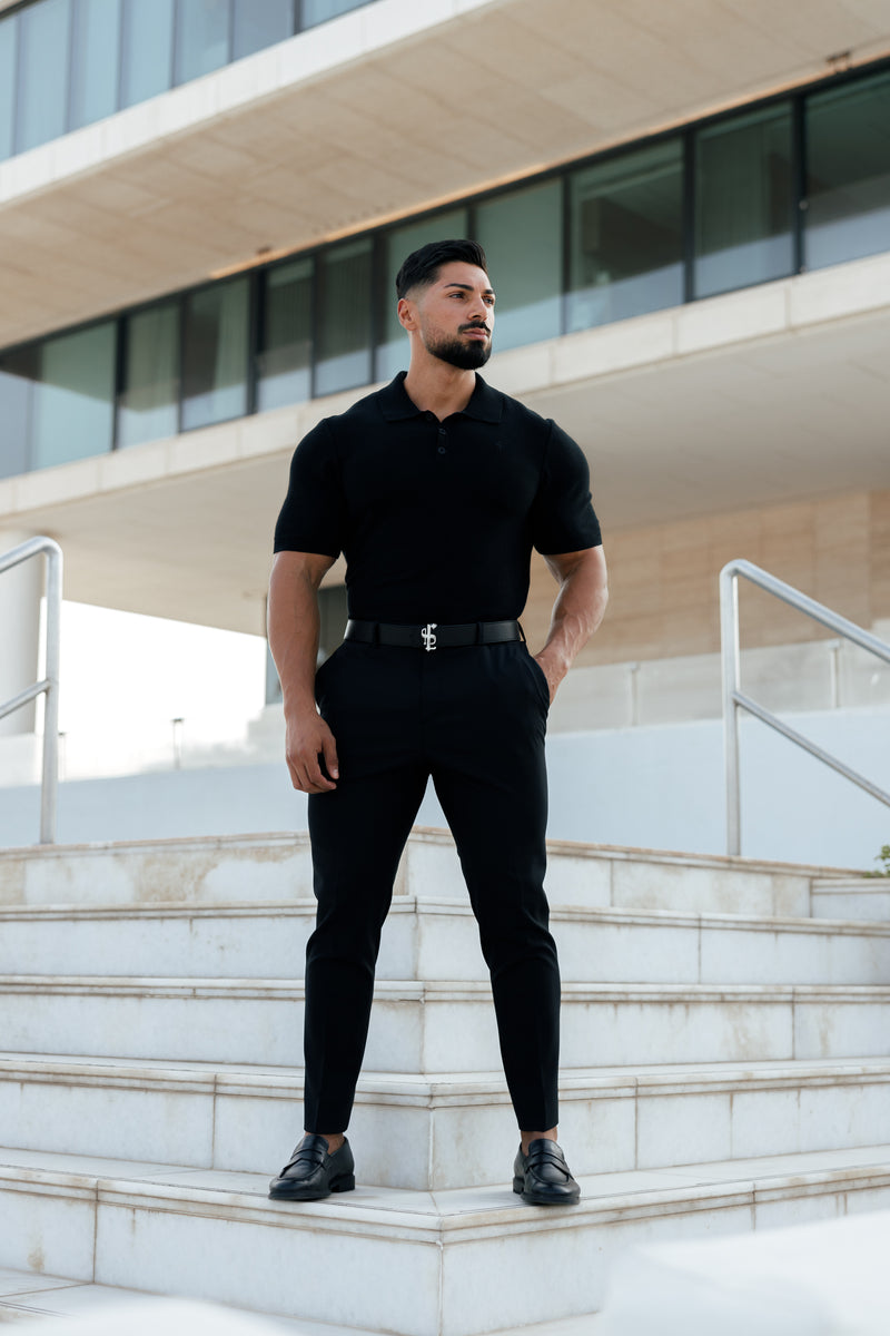 Father Sons Classic Plain Black Knitted Polo Short Sleeve - FSN108