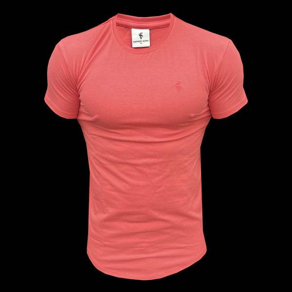 Vater und Sohn – Klassisches T-Shirt mit Rundhalsausschnitt und abgerundetem Saum in Korallenrot – FSH991