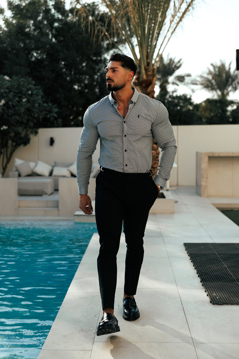 Vater-Söhne-Shirt, superschlank, dehnbar, schwarz/weiß, langärmlig, mit Rautenmuster und Button-Down-Kragen – FS1226