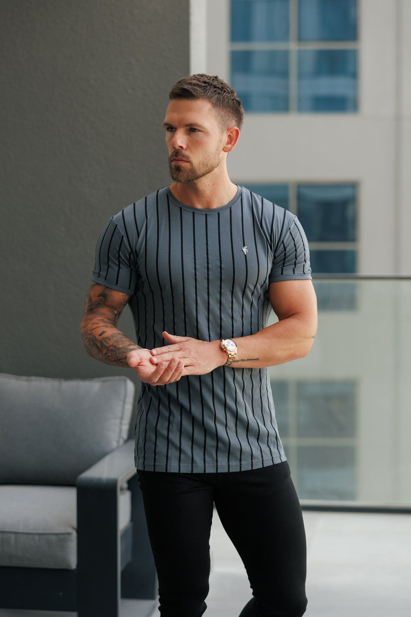 Father Sons Printed Charcoal / Black Stripe Fitted T Shirt - FSH1375