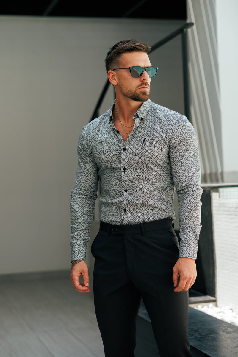 Vater-Söhne-Shirt, superschlank, dehnbar, schwarz/weiß, langärmlig, mit Rautenmuster und Button-Down-Kragen – FS1226