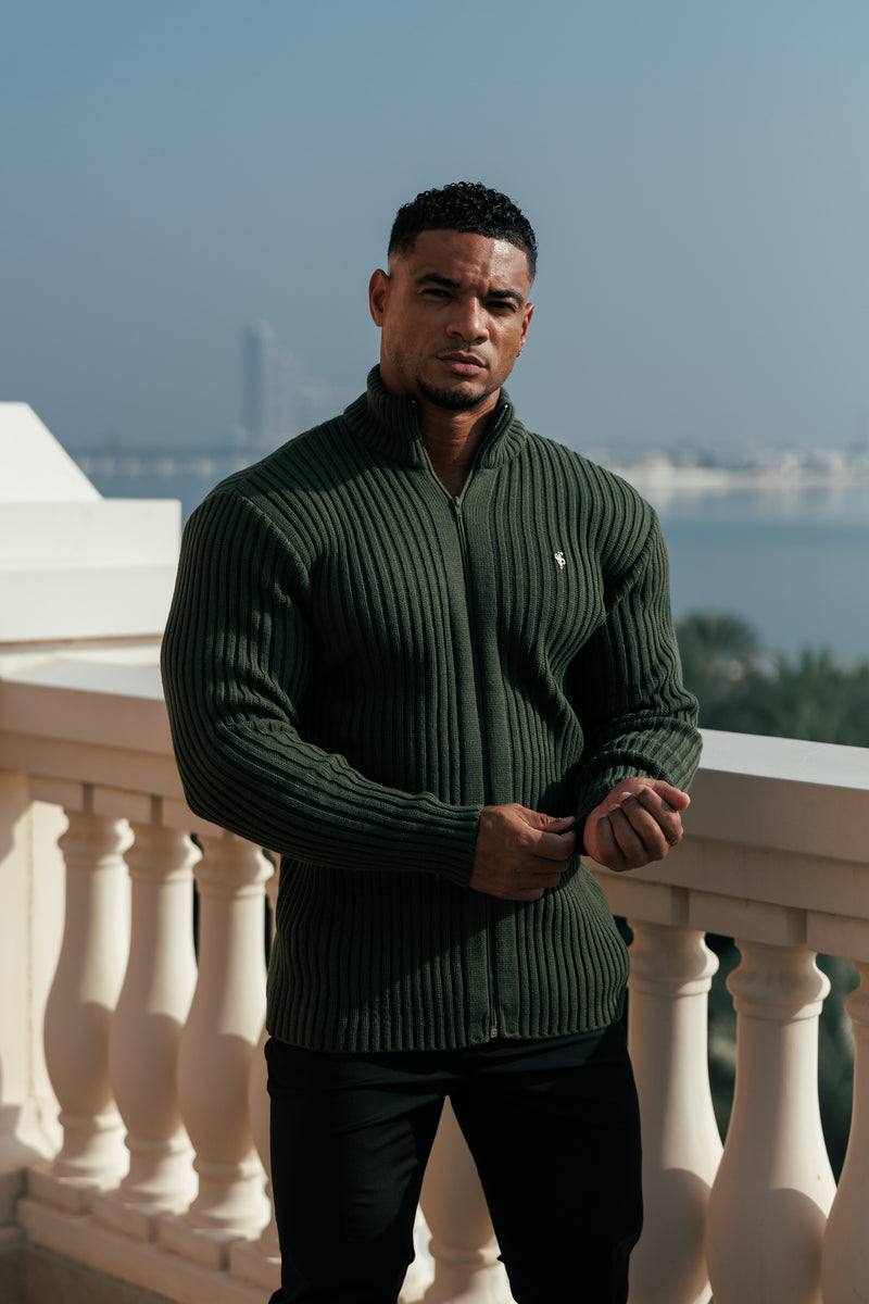 Father Sons Chunky Olive Ribbed Zipped Cardigan with Gold Emblem- FSJ095