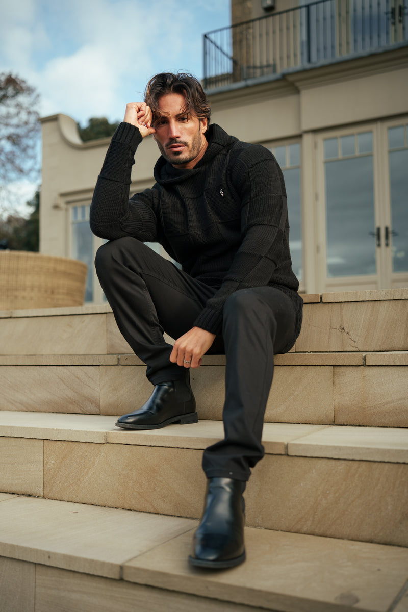 Father Sons Black Checkerboard Knitted Hoodie - FSJ135 (PRE ORDER 11TH DECEMBER)