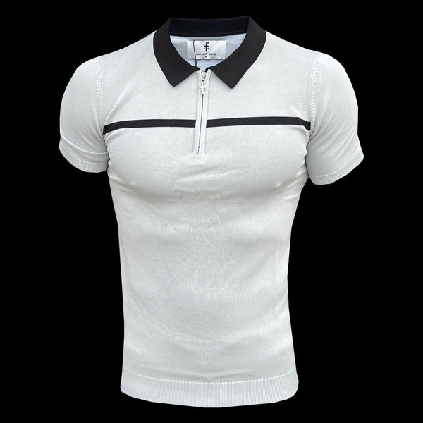 Father Sons Classic Poloshirt mit Reißverschluss, kurzärmlig, silbergrau/schwarz, horizontal gestreift – FSN040