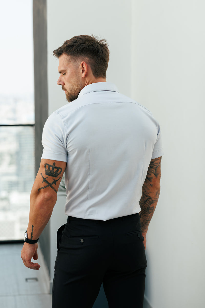 Vater-Söhne-Oxford-Hemd, klassisch, Stretch, kurzärmelig, Hellgrau, mit Button-Down-Kragen – FS1214