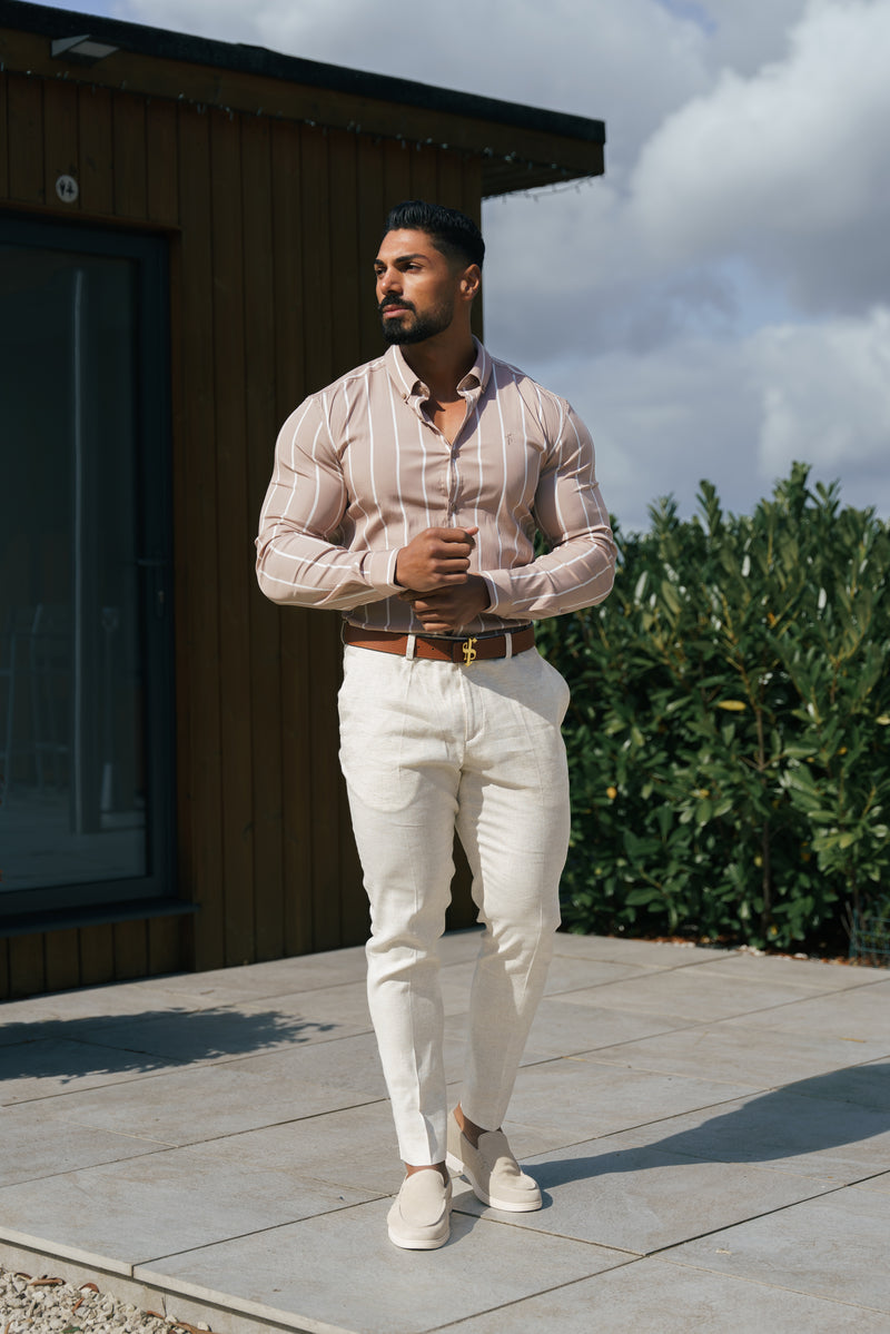 Father Sons Super Slim Stretch Taupe bedrucktes, breites Streifen-Langarmshirt mit Button-Down-Kragen – FS1065 