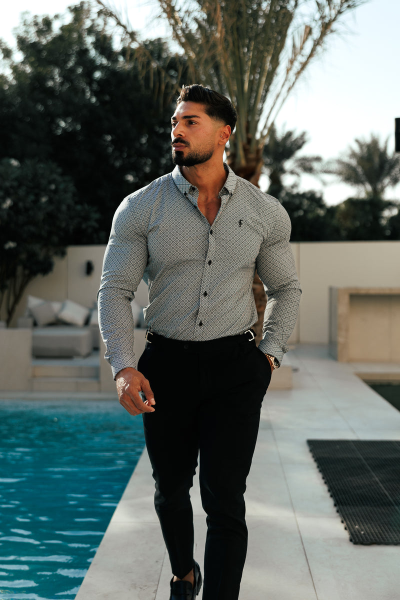 Vater-Söhne-Shirt, superschlank, dehnbar, schwarz/weiß, langärmlig, mit Rautenmuster und Button-Down-Kragen – FS1226