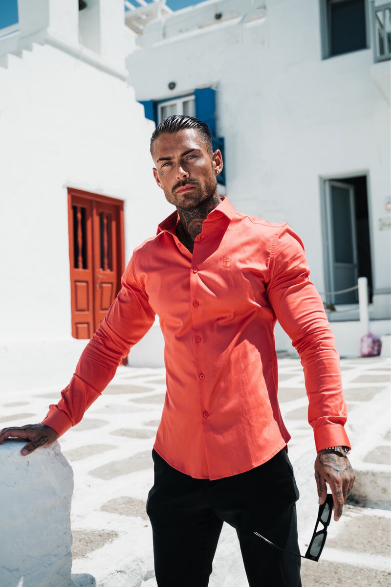 Vater Sohn Slim Satin Langarmshirt in Koralle - FS969