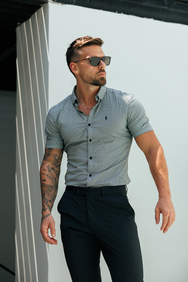Vater-Söhne-Shirt, superschlank, dehnbar, schwarz/weiß, mit Rautenmuster, kurzärmlig, Button-Down-Kragen – FS1229