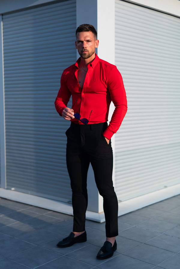 FS Super Slim LS Postbox Red Scuba mit Button-Down-Kragen – FS1186