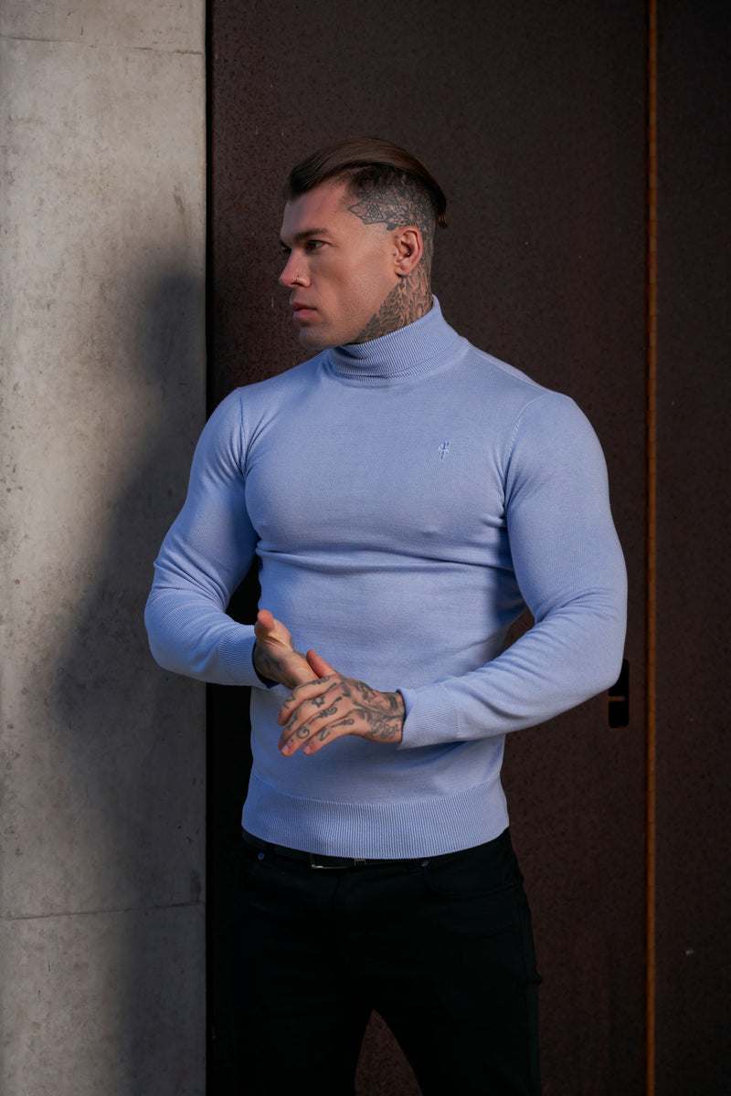 Father Sons Classic Pale Blue Roll Neck Knitted Jumper With Tonal Emblem - FSN138